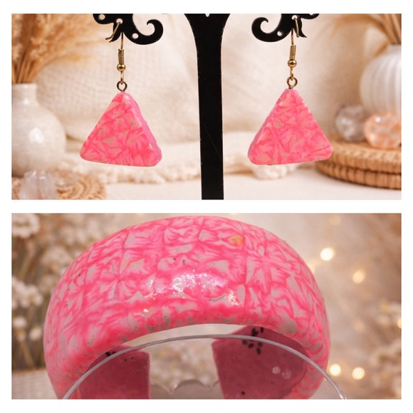 Pink Swirl Power Set – Handmade Polymer Clay Bracelet & Earrings - Picture 2 of 11